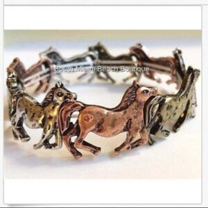 Silver Gold Horse Charm Bracelet Country Western Cowgirl Silver Plated Stretch